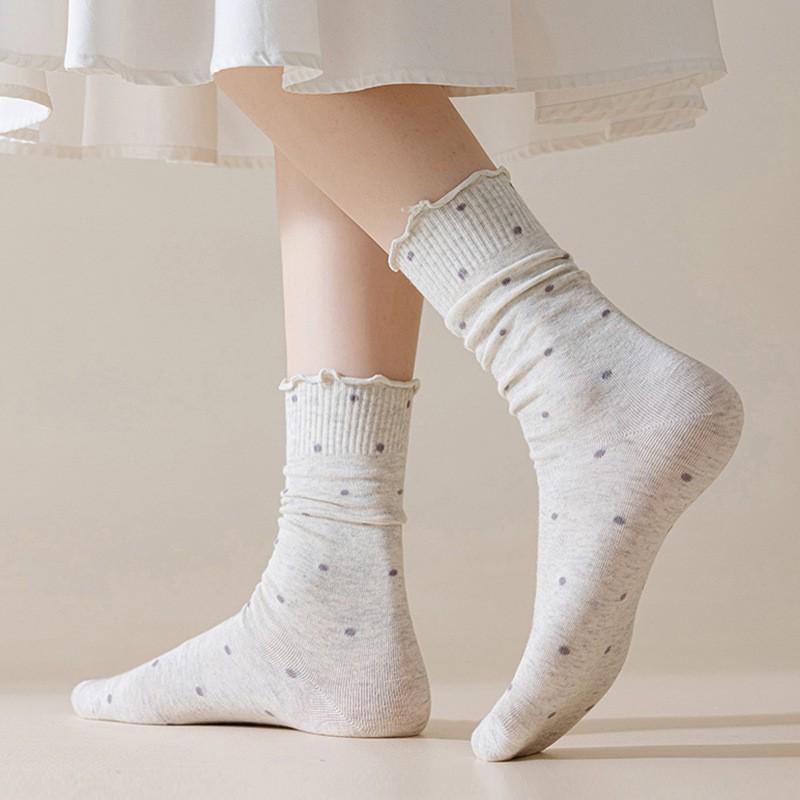 Women's Japanese Style Mid-Calf Cotton Lace Socks, Ruffle Edge, Polka Dot, Versatile for Spring to Autumn