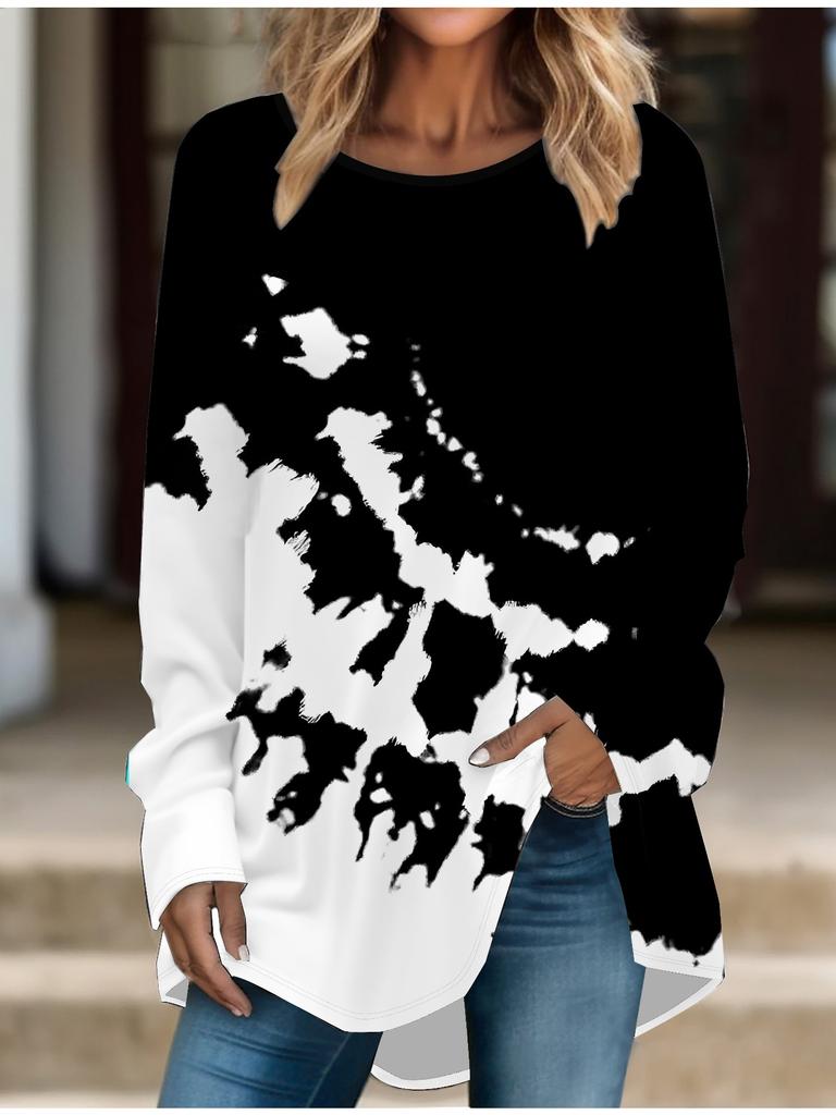 Plus Size Women Spring Render Printed Comfy Long Sleeve Round Collar T-shirt Casual Baggy Mid Length Tee Tops