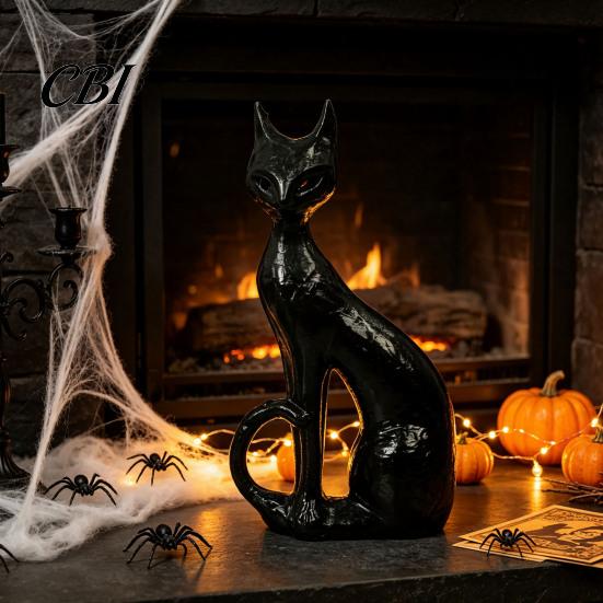 Indoor Outdoor Yard Decor Cute Witch Cat Resin Figurine, Halloween Garden Statue, Spooky Home Collectible Figures Ornaments for Patio Balcony