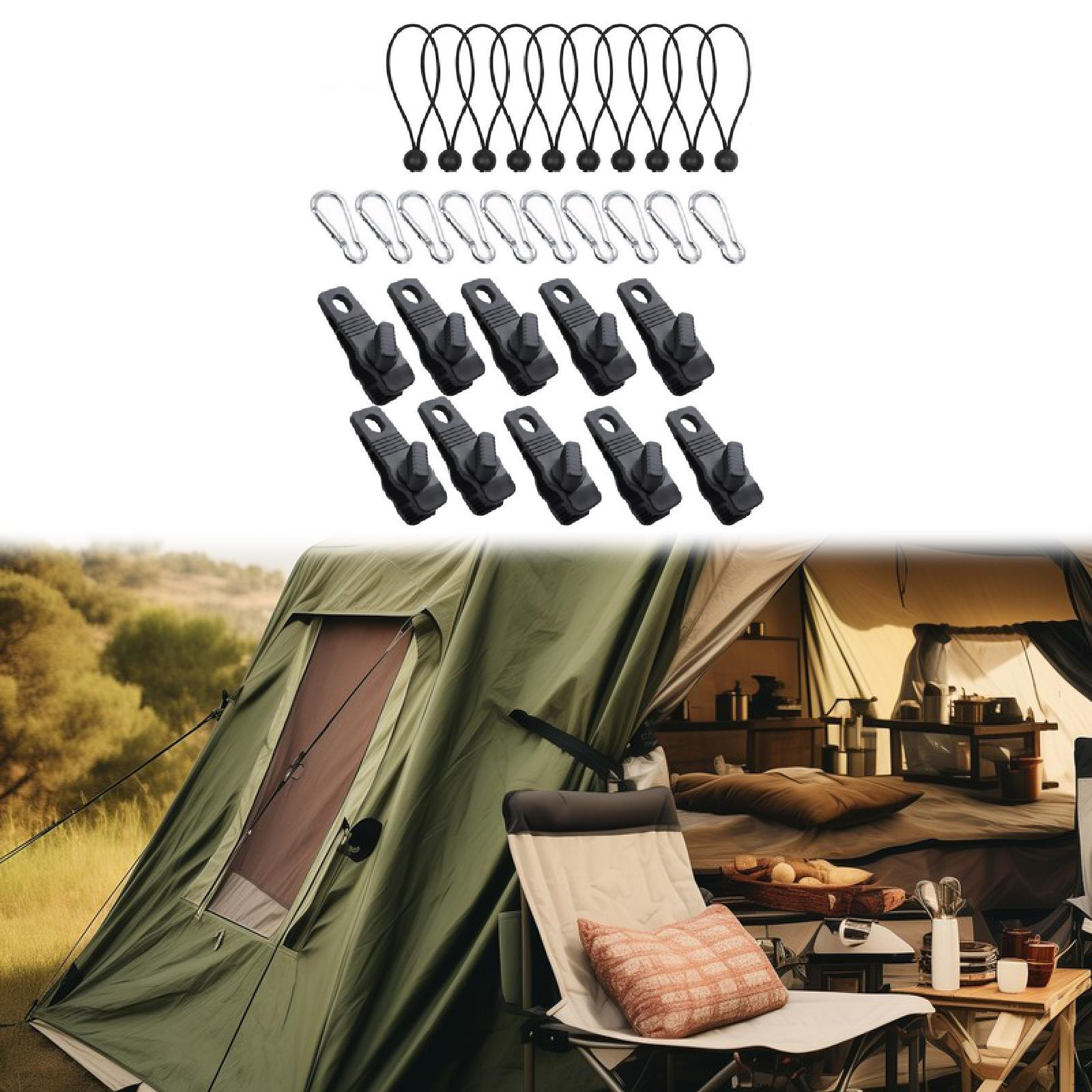 

30 шт./компл. зажимы для брезента, карабины, инструменты для кемпинга, пряжка, зажим для палатки, замок, ручка для улицы Black Rope_Silver Carabiner