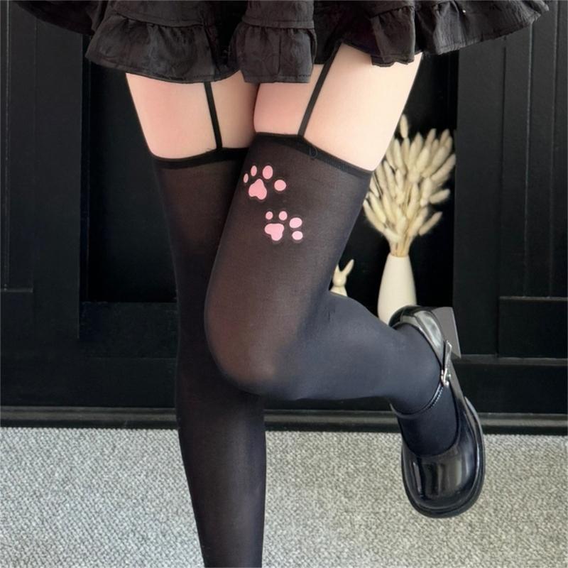 Elastic Waistband Cats Paws Pattern Sheer Pantyhose Breathable Nylon Stockings For Daily Outfits