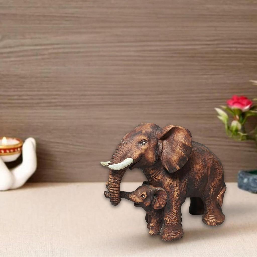 Hnědá polyresinová 'Slonice s mládětem' 8 palců - Sada 1 výstavního kusu Figurka slonice s mládětem pro domácí dekoraci