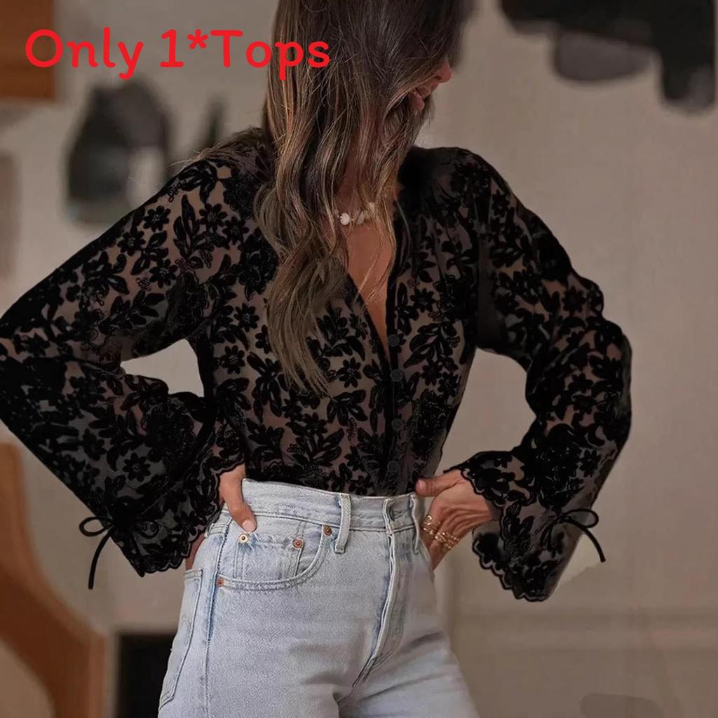 Summer Lace Shirt For Women With Long Sleeves And Round Neck In Pure Color For Street Style Fashion