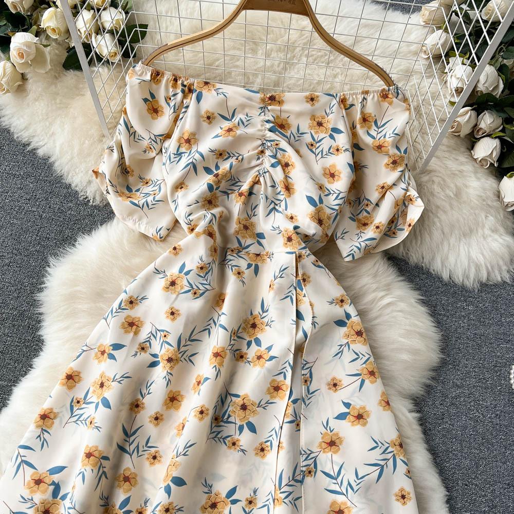 Blumenkleider Damen Sommer Französische Eustoma Ein Schulter Kurze Ärmel Teepause Schlitz Knielang Kleid
