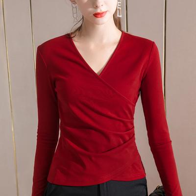 Cross V-neck Long-sleeved T-shirt for Women New Women's Cotton T-shirt Sexy Collarbone Top Scheming Design