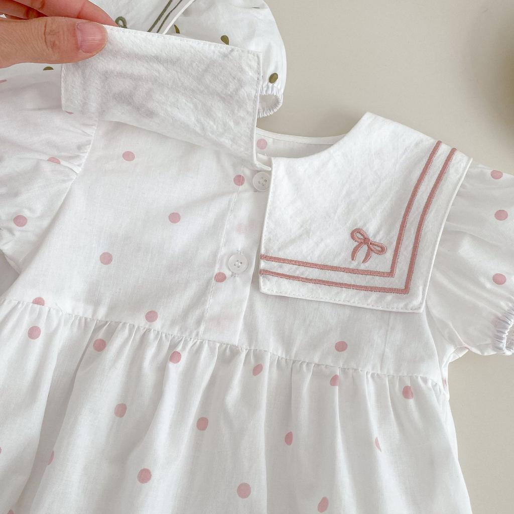Summer Navy Collar Short Sleeve Baby Romper Cute Bow Tie Embroidered Triangle Crawling Clothes