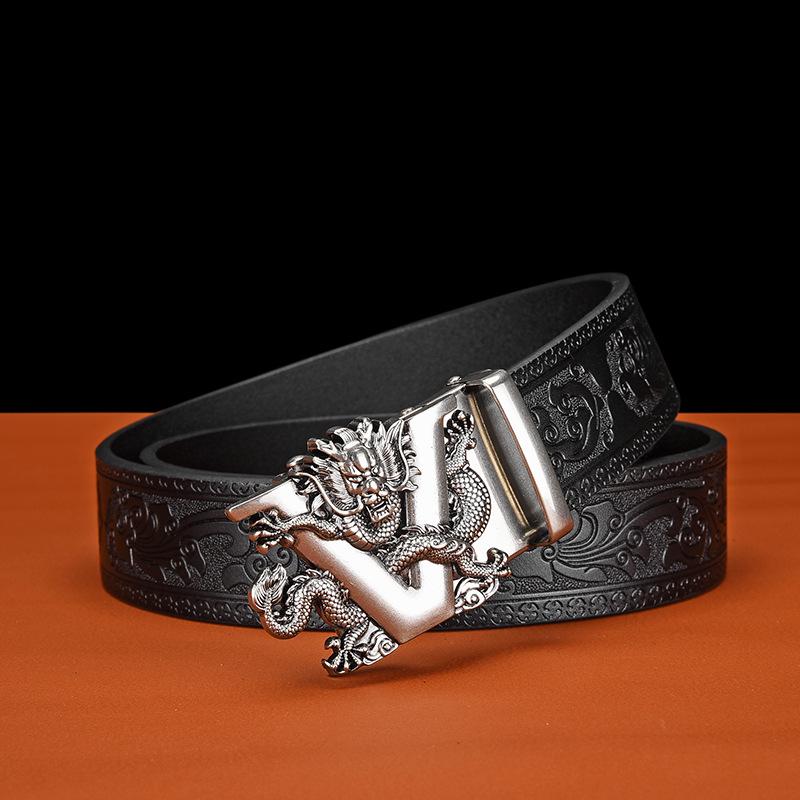 Men's Business Casual Cowhide Leather Belt with Vintage Copper Dragon Automatic Buckle