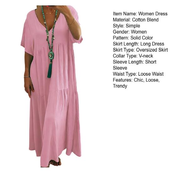 Summer Cotton Linen Dress for Women Oversized Loose Beach Sundress Short Sleeve V Neck Casual Flowy Long Dress