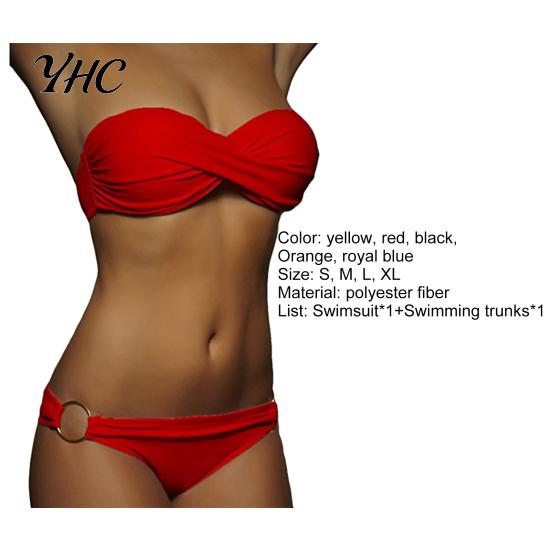 Traje de Baño 2 Piezas/Set Bikini de Verano Color Sólido Push Sin Tirantes Simple Traje de Baño para Mujer para la Playa