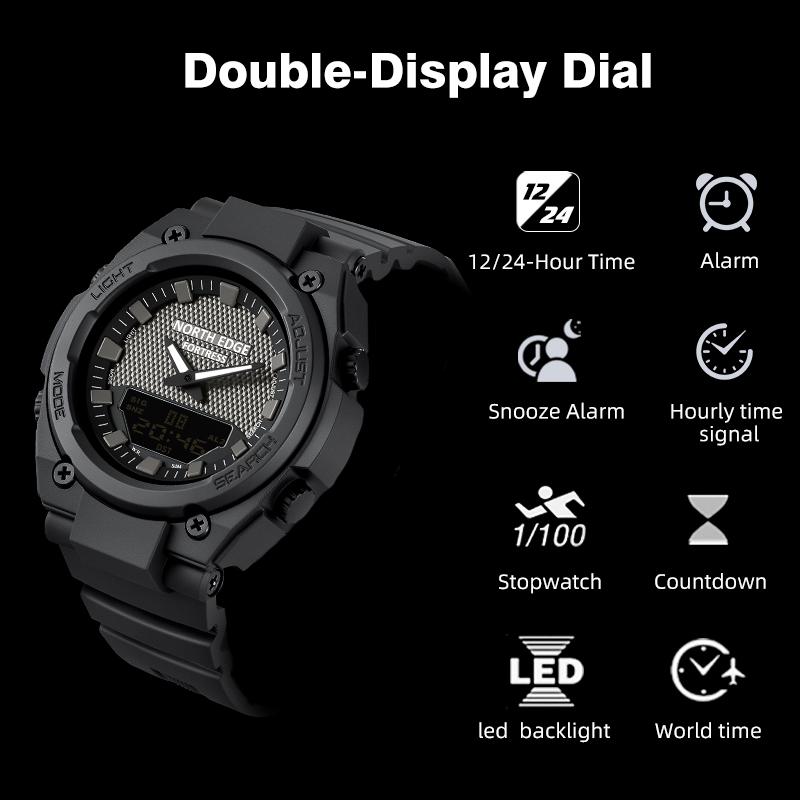 NORTH EDGE FORTRESS 2026 Men's Army Military Digital Watch Outdoor Sports Waterproof 50M Watches World Time Countdown LED Clock