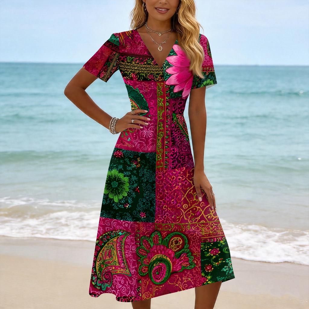 Women's Casual Vintage Floral Print Short Sleeve V Neck Dress Knee Length Lightweight Summer Dress for Daily Wear