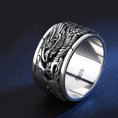 Anello da Uomo Thai Intagliato Drago Design Originale Retrò Dominante Rotante Stile Business Gioielli di Lusso Leggero
