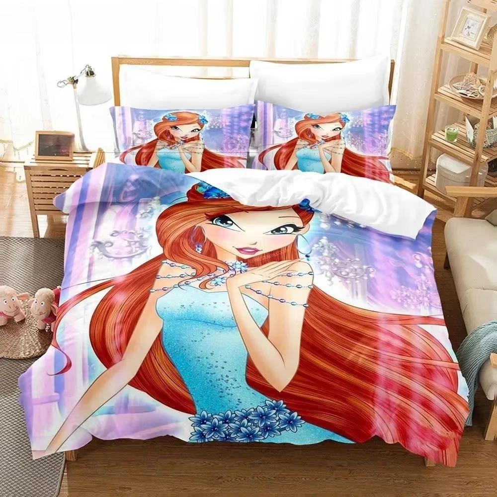 Anime W-Winx Club Bettbezug Kissenbezug Kindergeschenk Bettwäsche-Set für Erwachsene Jungen Mädchen Schlafzimmerdekoration Einzel Doppel Groß
