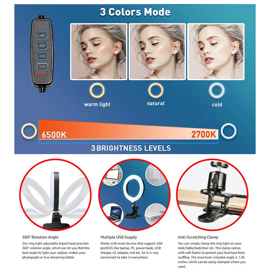 6in LED Selfie Ring Light With Clamp USB Operated 3 Colors 3 Brightness Levels Rotatable Desk Light for Live Video Call