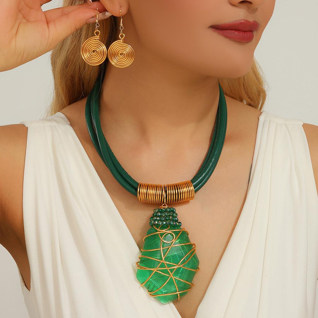 Necklace Resin Geometric Earrings Set Sparkling Big Gems Summer Fashion Style