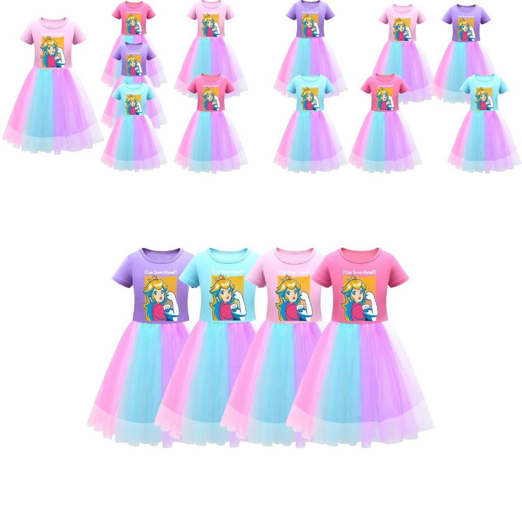 Sukienka dla dziewczynki Super Mario Princess Peach z tęczową koronką w kolorze fioletowym, czerwonym i różowym