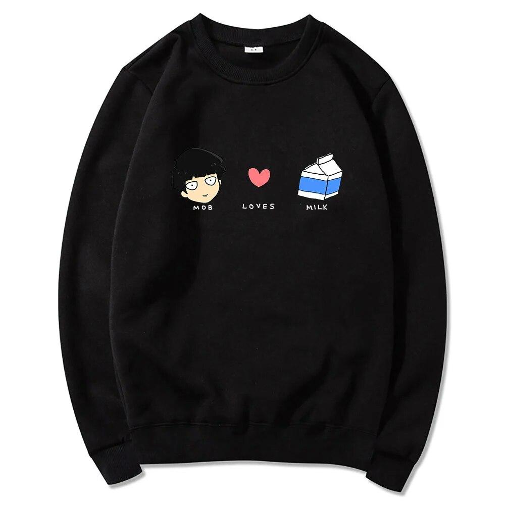 Anime Mob Psycho 100 Mob Loves Milk Hoodies Winter Unisex/women Tops Crew Neck Hoodie Autumn Sweatshirt Vintage Harajuku Sudaderas