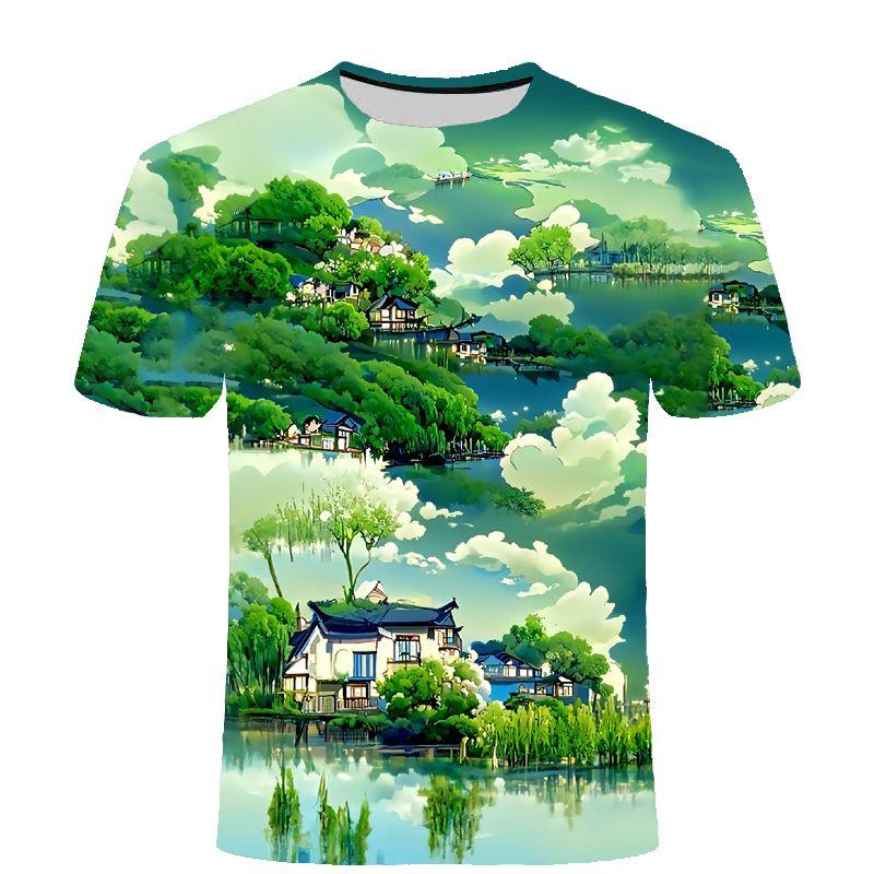 Verão Novo Topo Série Paisagem Quatro Estações Camiseta Casual Moderna de Manga Curta com Estampa 3D Moda Masculina e Feminina