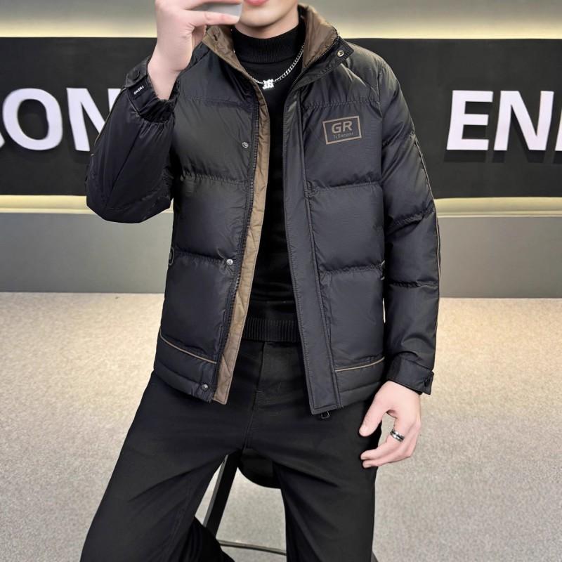 Mens Short Winter Down Jacket Color Block Windproof Warm Fashionable Stand Collar Non-Hooded