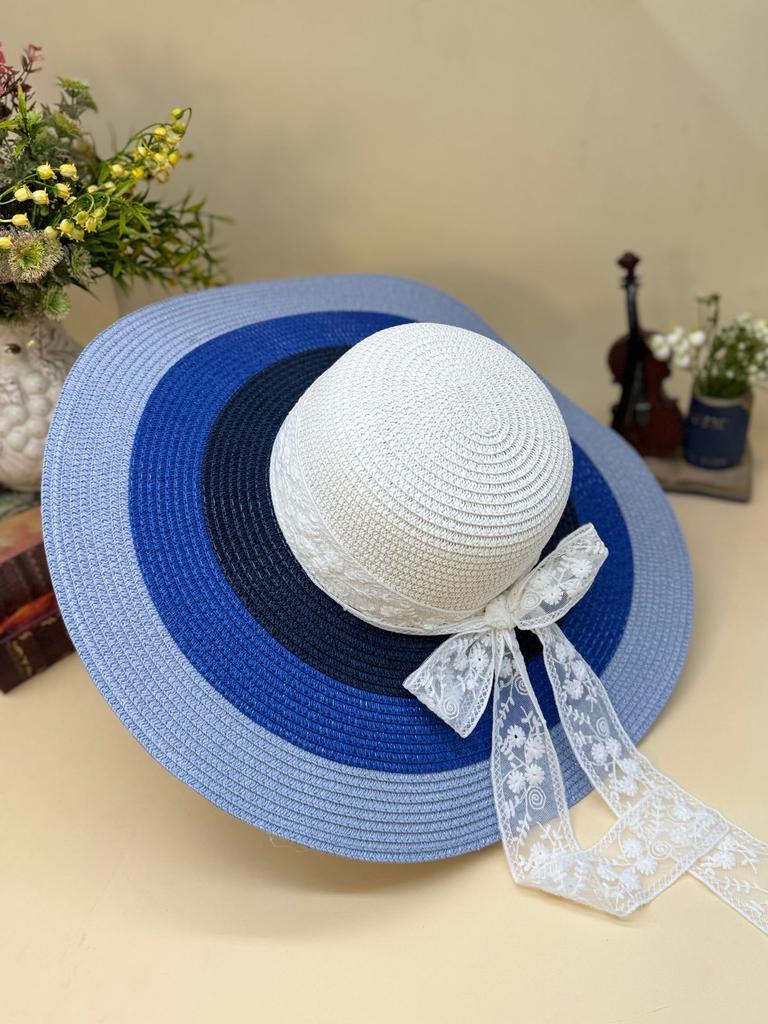 Women's Colorful Patchwork Straw Hat with Large Brim Summer Travel Sun Protection Rainbow Headband