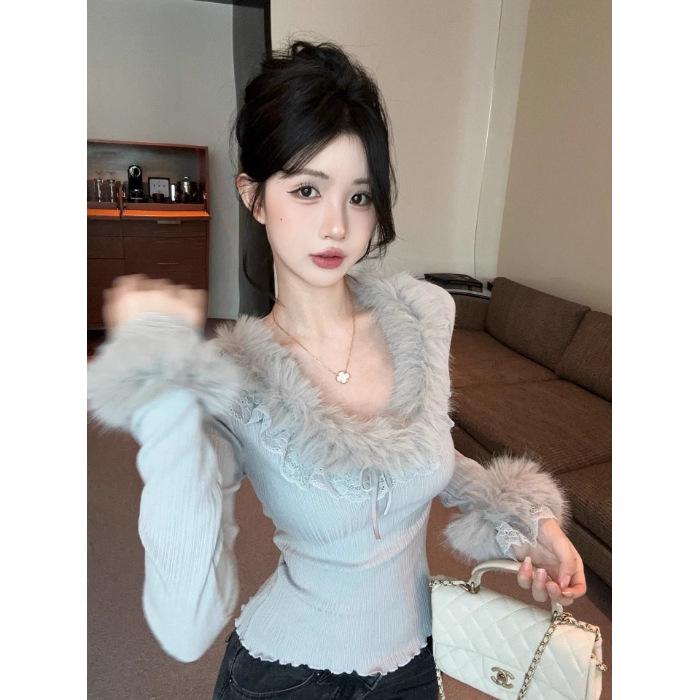 

Feel French Lace Slimming Sweet Patchwork Long Sleeve Thinning Fur Collar Women s Autumn Top Small светло-серый