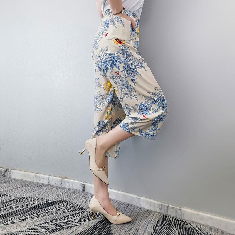 Summer Cotton Silk Polka Dot Slimming Over-the-Knee Pants