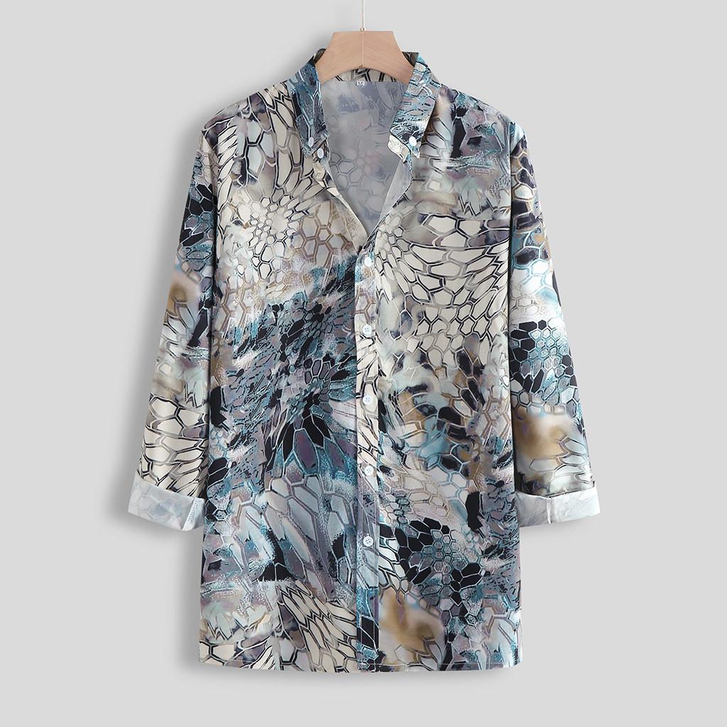 Camicia da Uomo Moda Creativa Slim Fit con Stampa Astratta Maniche Lunghe Camicia Casual