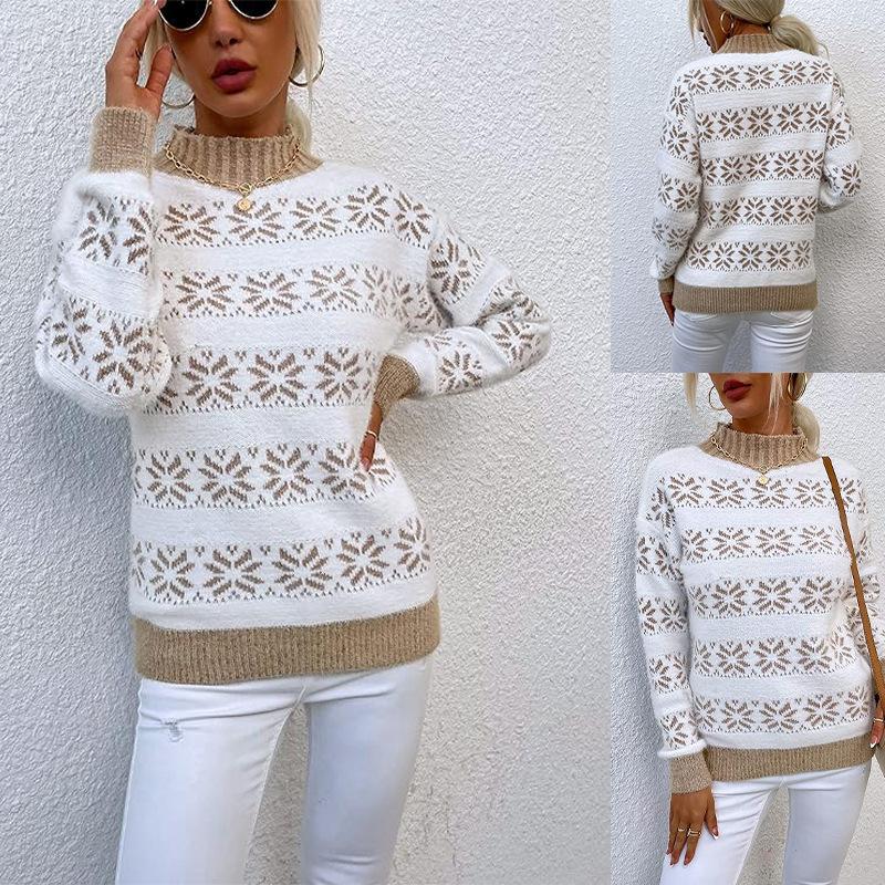 European and American Women's Clothing Autumn and Winter Fashion Christmas Snowflake Pattern Semi-turtleneck Sweater Knitted Sweater Top