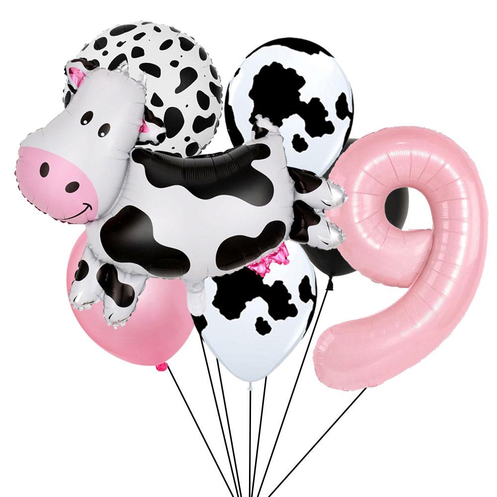 7pcs Cartoon Cow Balloon Pink Digital Balloon Set Baptismal Supplies Children's Gifts Birthday Party Decoration Photography Prop
