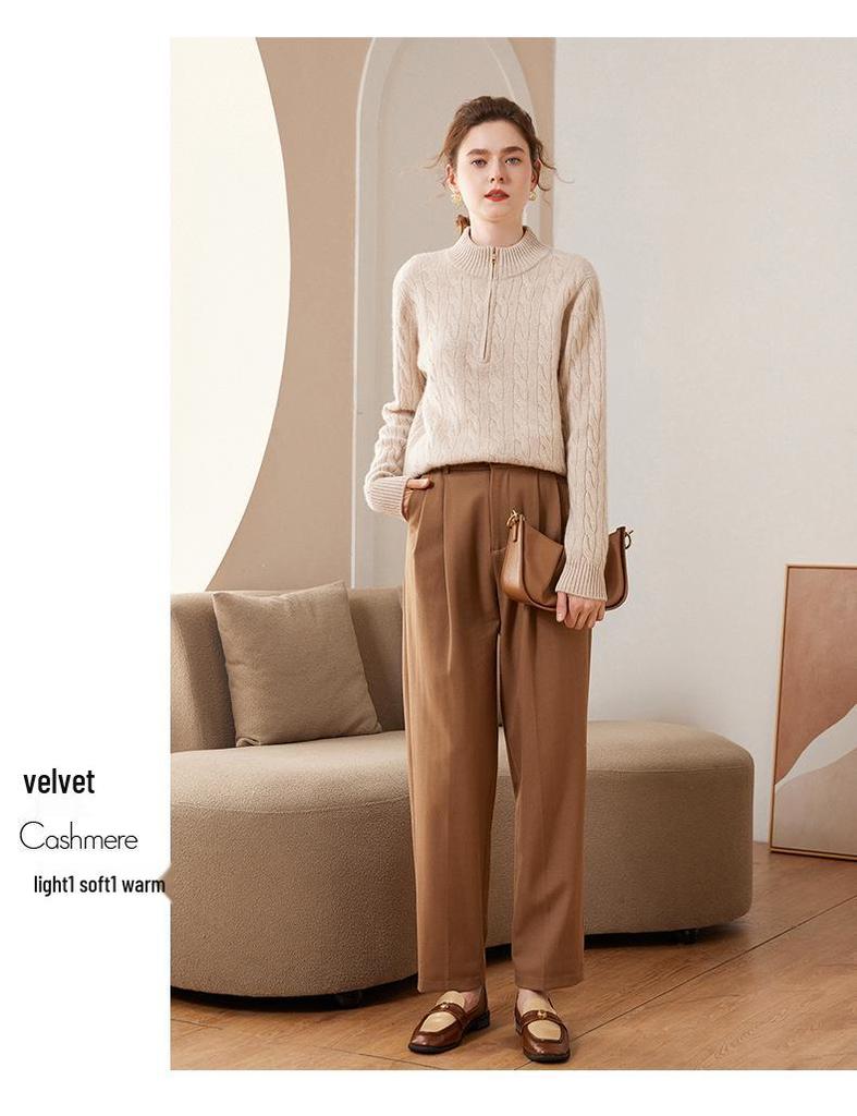 Women's Cable Knit Cashmere Zipper Sweater – Thick High Collar, Warm and Loose for Autumn Winter