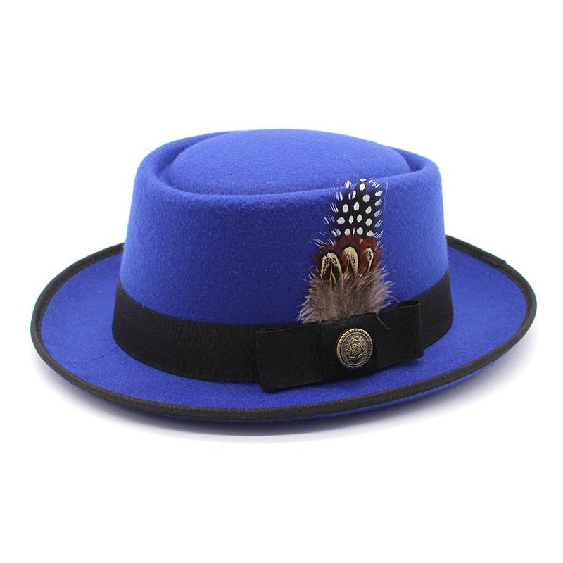 European and American new hats British retro fashion versatile jazz hats flat top tweed feather French gift