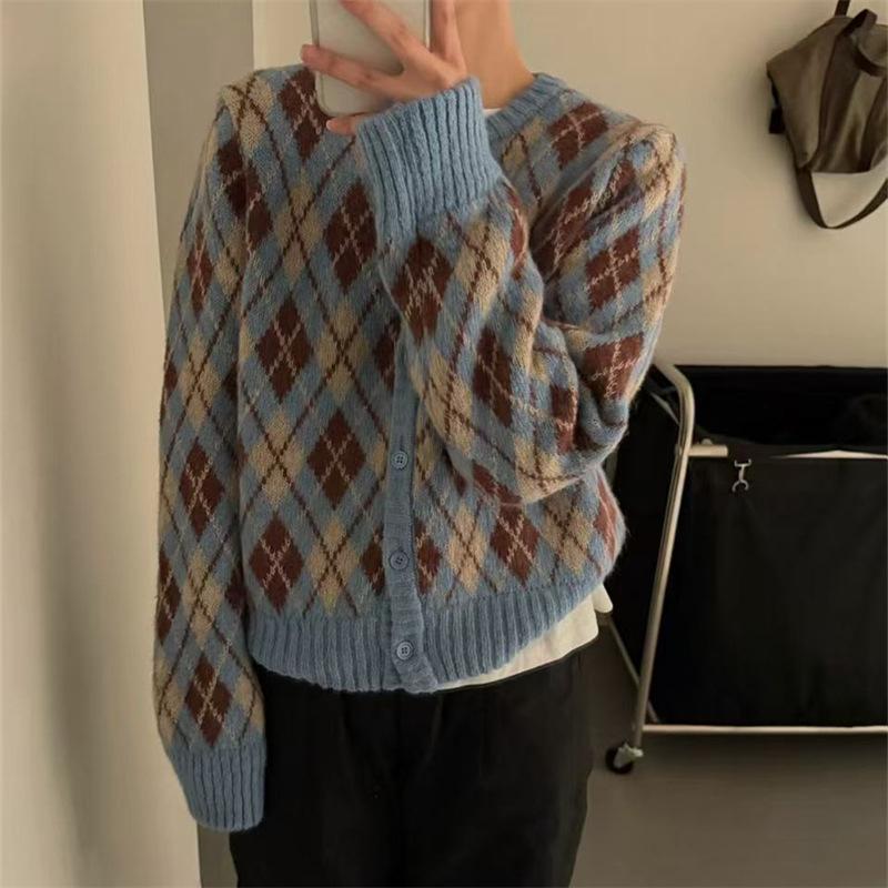Korean 1011 autumn and winter retro versatile contrasting color diamond high sense thin versatile knitted cardigan sweater jacket women