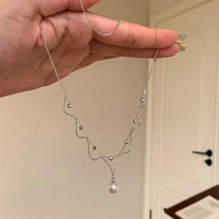 French Lace Double Pearl Pendant Necklace: Elegant, Retro Court Style, Versatile Clavicle Chain for Women