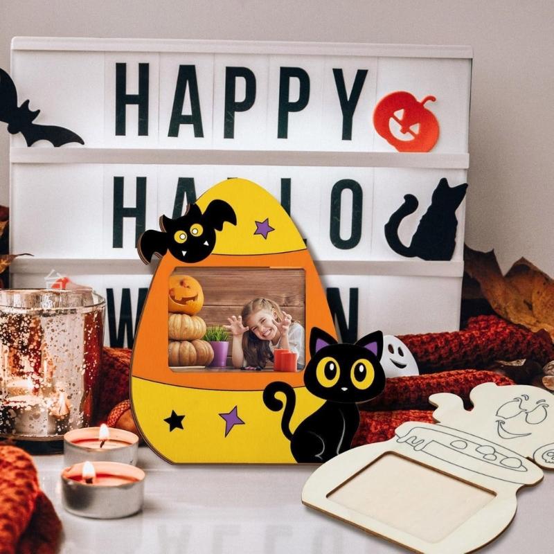 4PCS Unpainted Craft Frames Unfinished Wood Frame for Kid Adult Art Painting Photo Wall Ornament Halloween Supplies