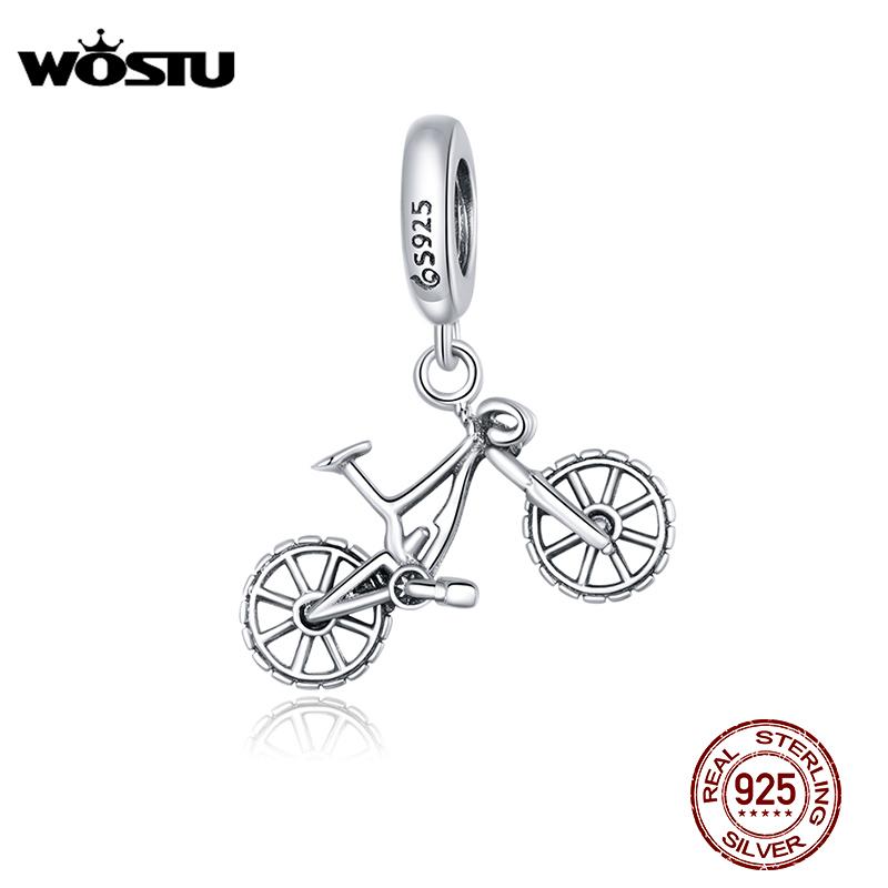 WOSTU 925 Sterling Silver Heart Bead Bicycle Charm Fit Original Bracelet DIY Necklace Pendant Cool Style Jewelry CTC384