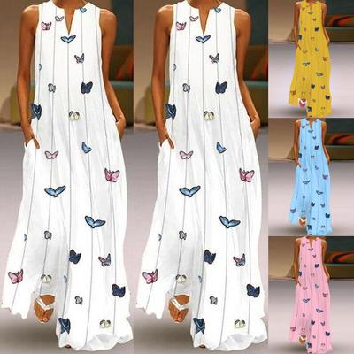 Sleeveless Maxi Dress with Butterfly Print Vintage Style Loose Fit Lightweight Summer Dress for Women Casual Long Dress with Pockets