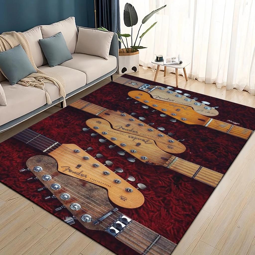 Alfombra 3D Retro con logo Fender para Instrumentos de Guitarra Música para Sala de Estar Dormitorio Hogar Decoración de Sofá, Alfombra de Piso Antideslizante para Niños