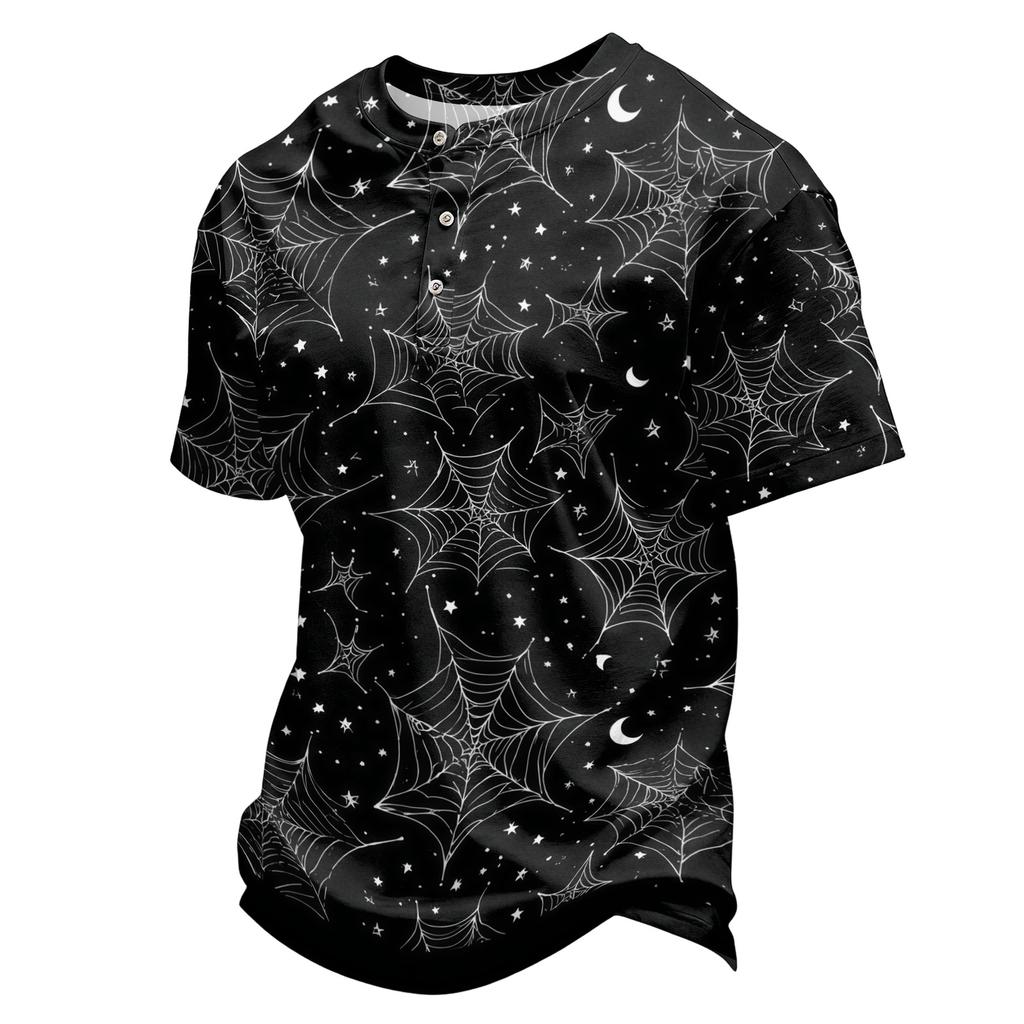 Men's Halloween Spider Web Print Short Sleeve Henley Shirt Casual Round Neck Button Front Top