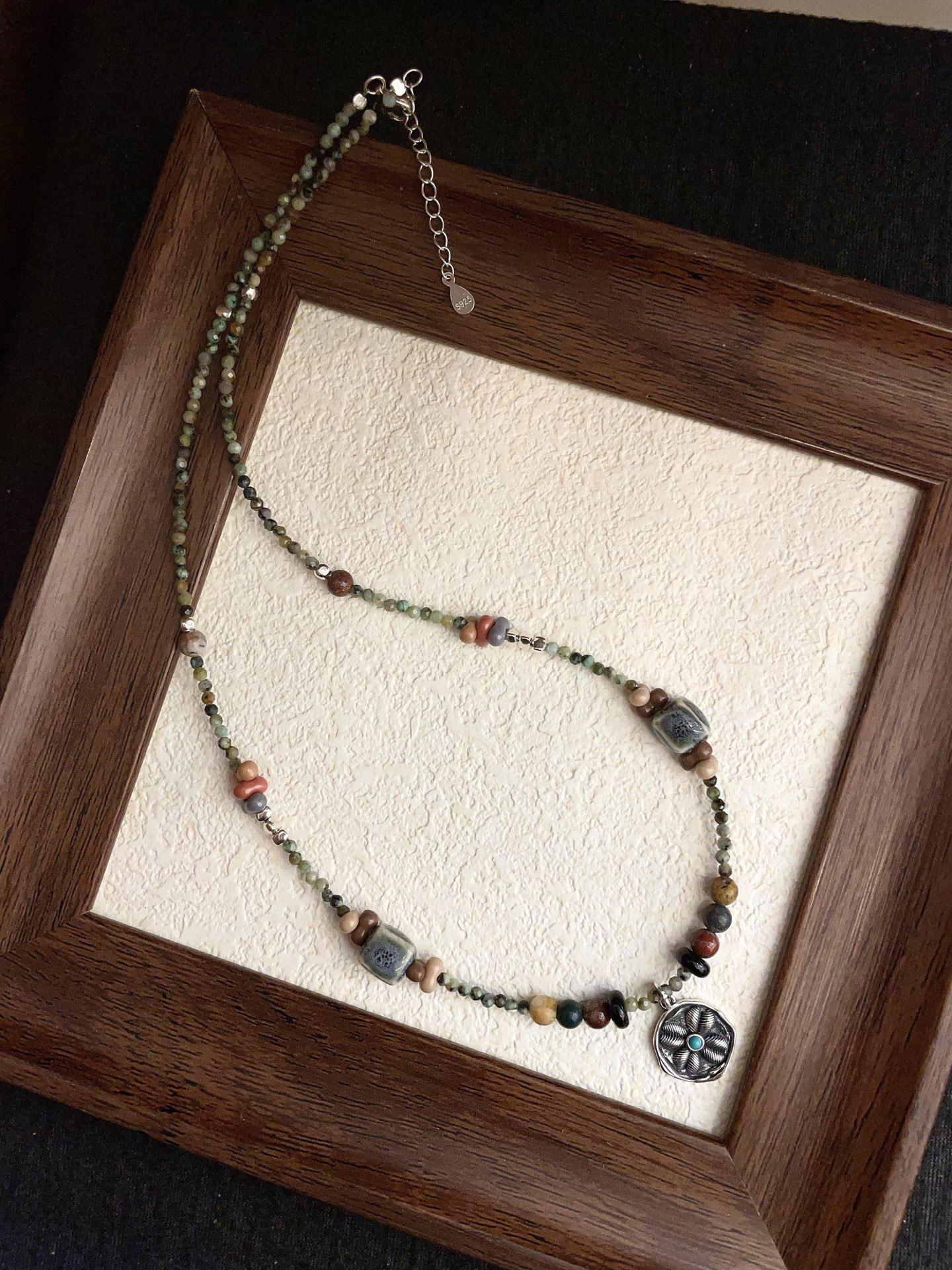 Antiqued Sterling Silver Four-Leaf Clover Pendant Necklace with Turquoise Beads - Original Women s Design.