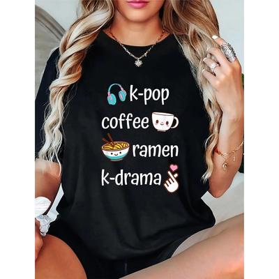European Sizes K-Pop Coffee Ramen K-Drama Graphic T-Shirt Vibrant Digital Print, Soft Breathable Fabric, Machine Washable, Black with White Lettering