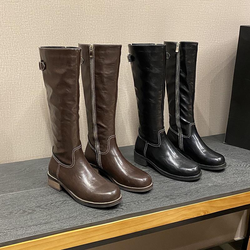 Washed horse leather side zipper increased by 5cm thick heel but knee medium and high boots for women, leather retro knight boots for women