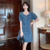 2025 Summer Women's Slim-Fit Denim Dress: Age-Reducing, Waist-Cinching, Short Sleeve, Mid-Length Style