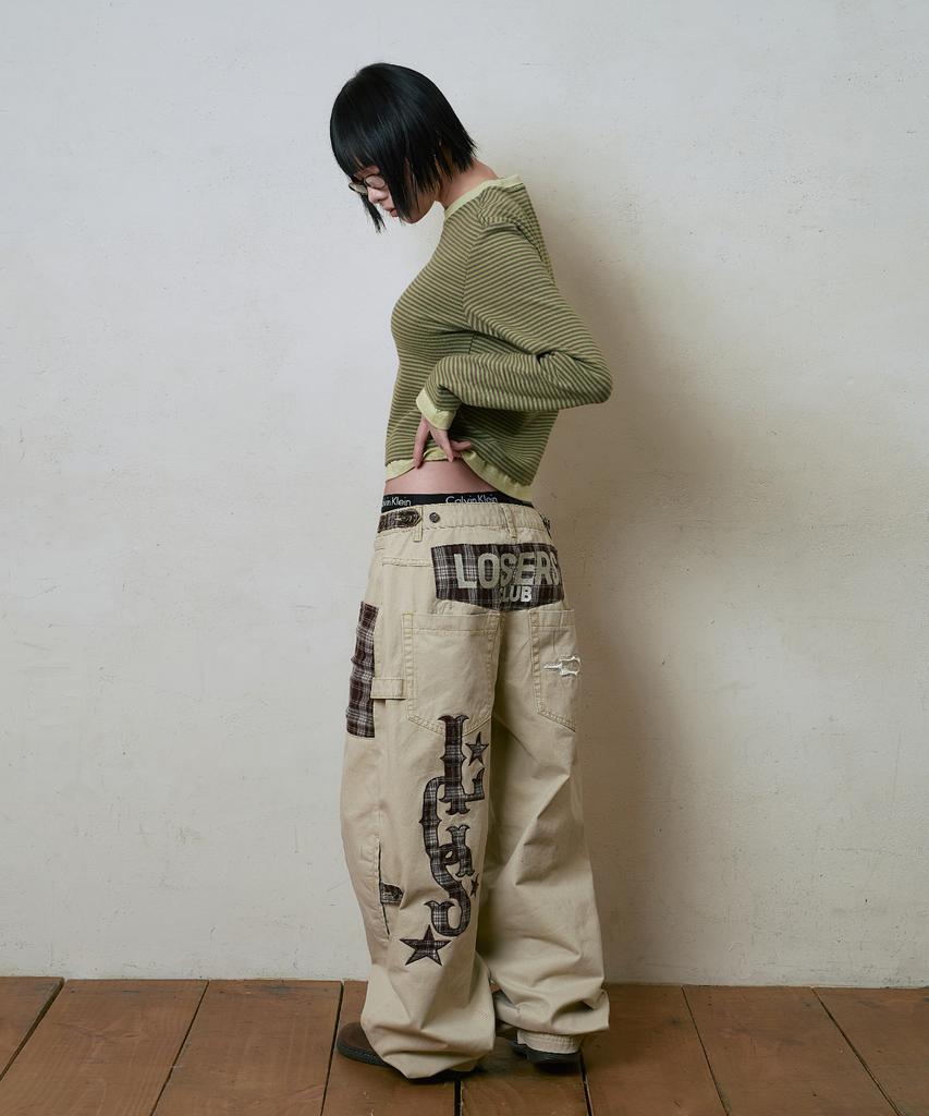 Lujeoseukeulleob Check Patch Wide Cotton Pants Beige