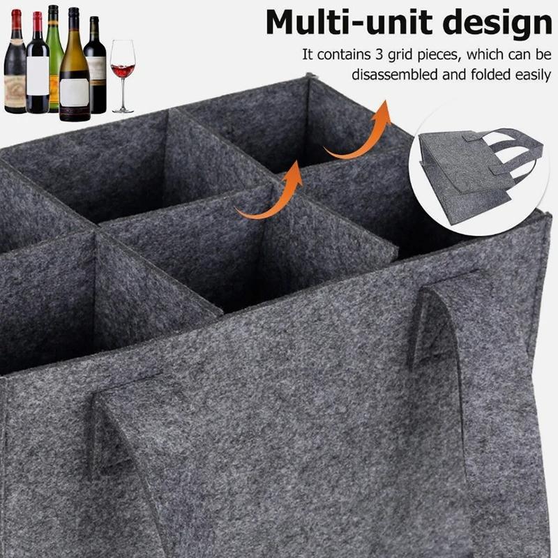 6 Bottles Felt Wine Bottle Holder Bag Grey Protective Wine Storage Bag Washable with Carry Handle Wine Bottle Carrier Wedding