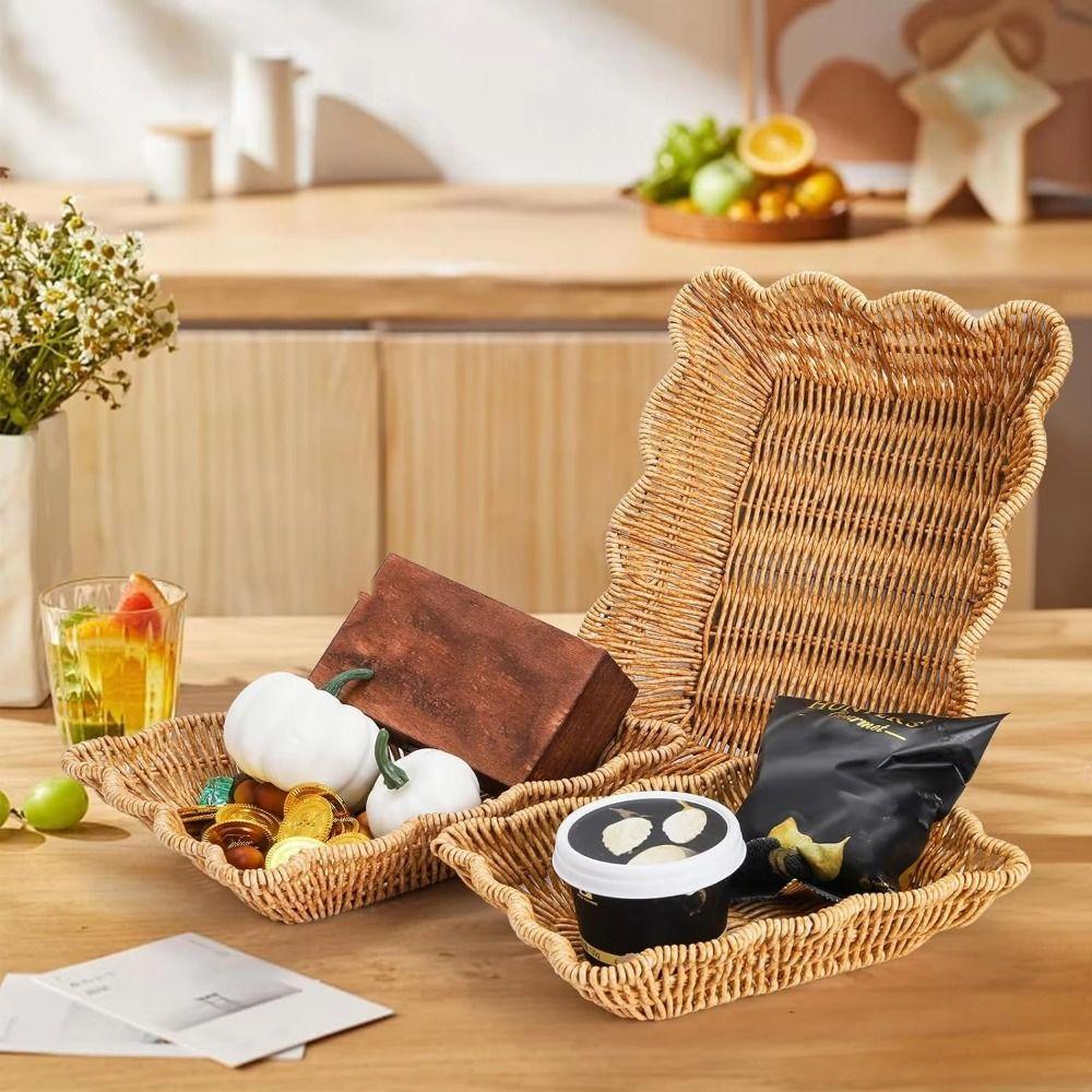 Plastic Hand Woven Storage Basket Large Capacity Fruit Plate Retro Bread Storage Tray Picnic