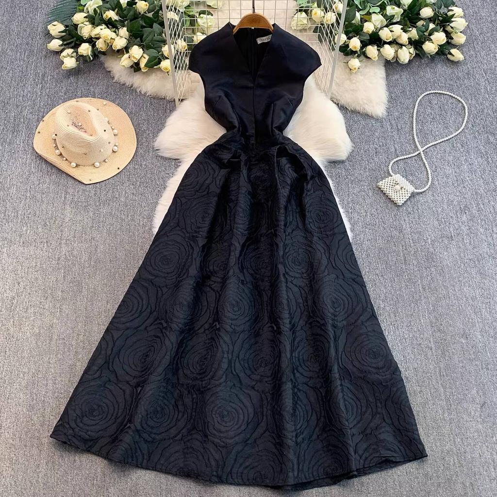 Elegant Women Contrast Color High Waist Evening Dress Beautiful Chic Jacquard Waist-cinching A-line  Spring New Women DRESS