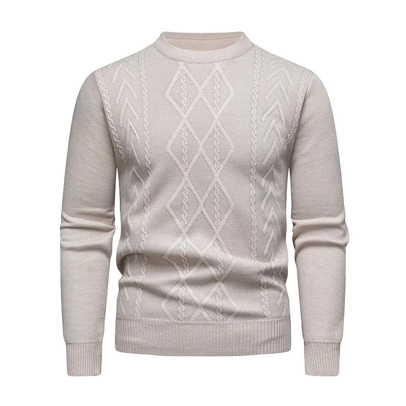 2025 New Men'S Casual Sweater Round Neck Long Sleeve Knitted Sweater Diamond Pattern Fashion Versatile Top