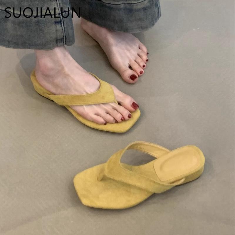 Fashion SUOJIALUN 2025 Summer New Brand Women Slipper Fashion Square Low Heel Ladies Casual Sandal Shoes Outdoor Dress Slip On Flip Flop