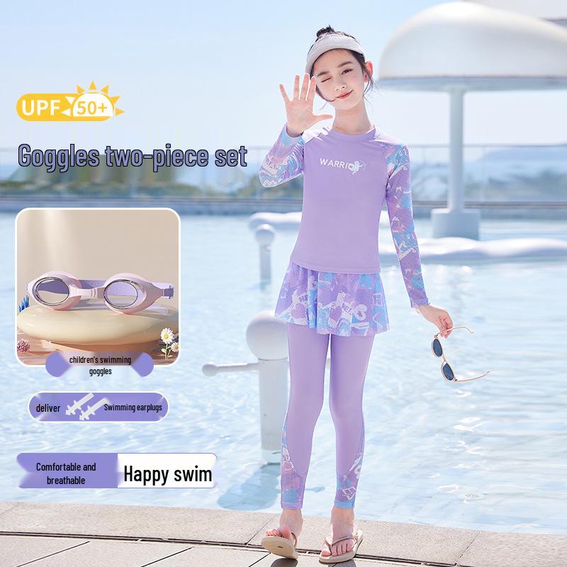 HuiLi 2025 Girls' Long-Sleeve Two-Piece Swimsuit Set for Middle School Students
