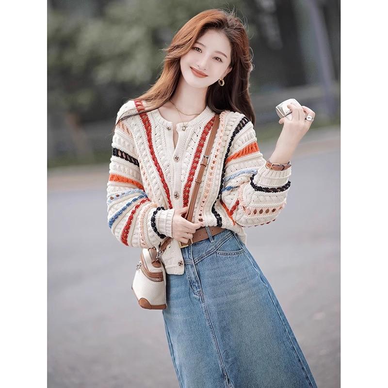 Dámský barevný pruhovaný háčkovaný svetr - Volný, trendy jarní/letní pletený top